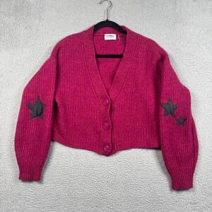 27 MILES MALIBU Wool Cashmere Cropped Magenta Pink Cardigan Star Barbiecore Sz S